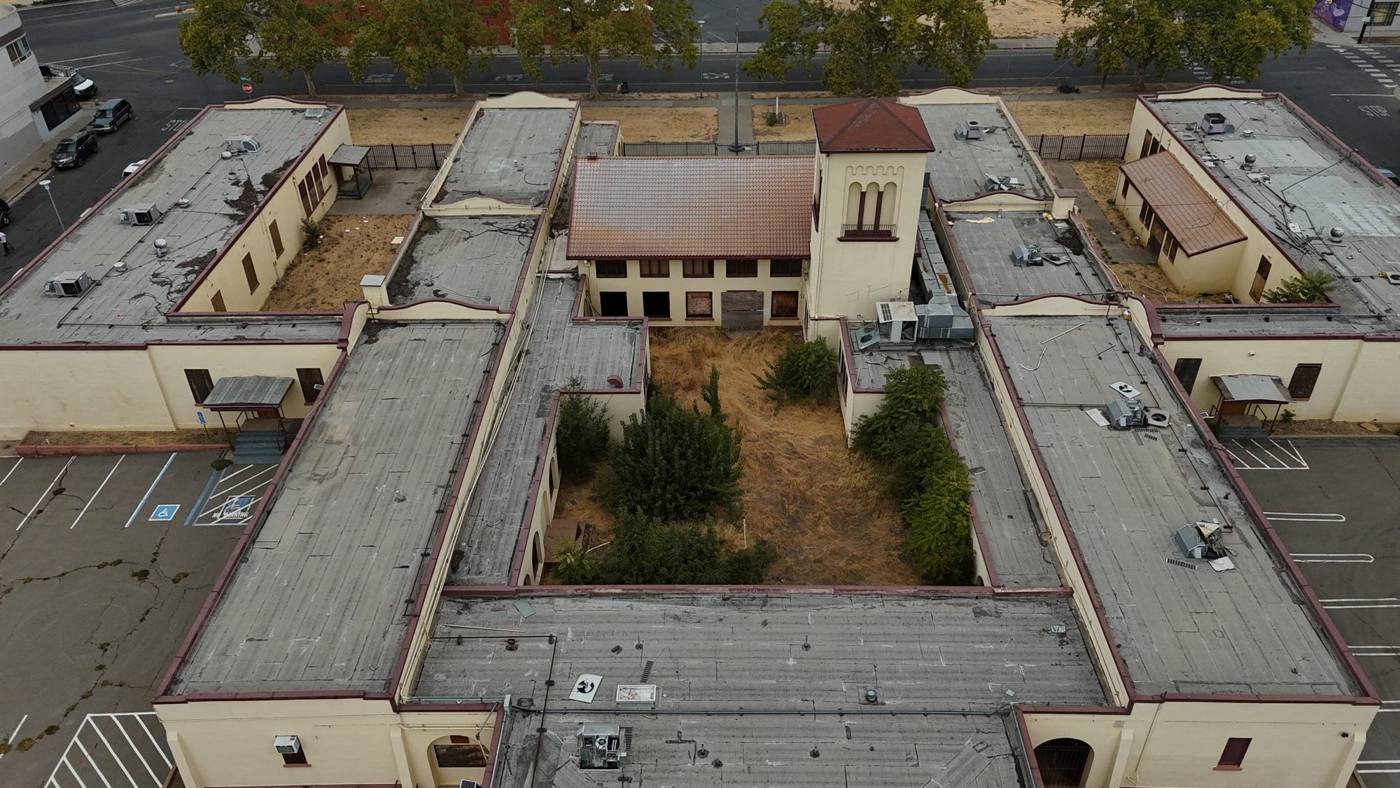 Aerial view of the school's courtyard and roofs
