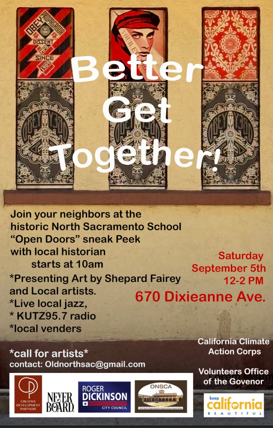 Event flyer: Better Get Together, Saturday September 5, 12 to 2 PM, 670 Dixieanne Ave, with art by Shepard Fairey and local artists, live local jazz, KUTZ 95.7 radio and local vendors