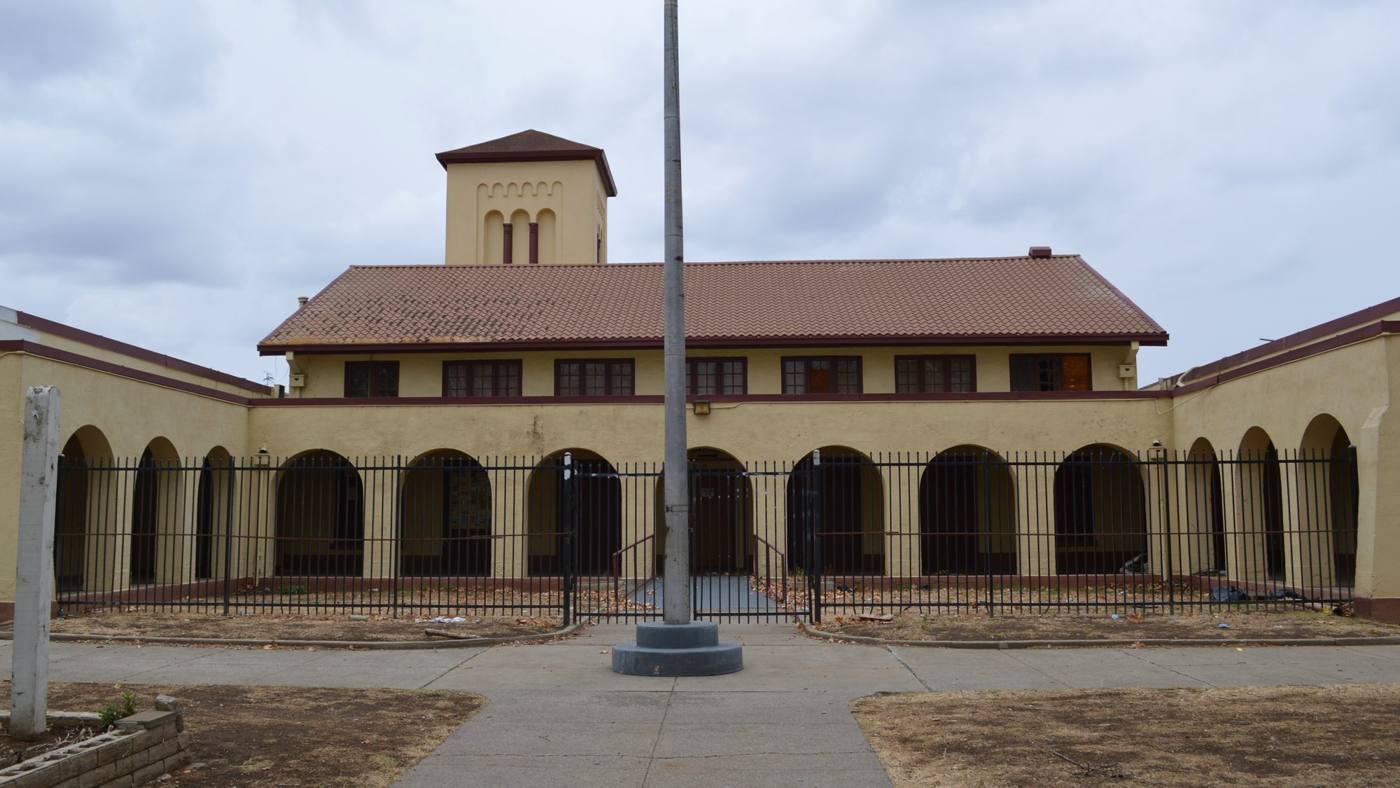 The school's front arcade and tower