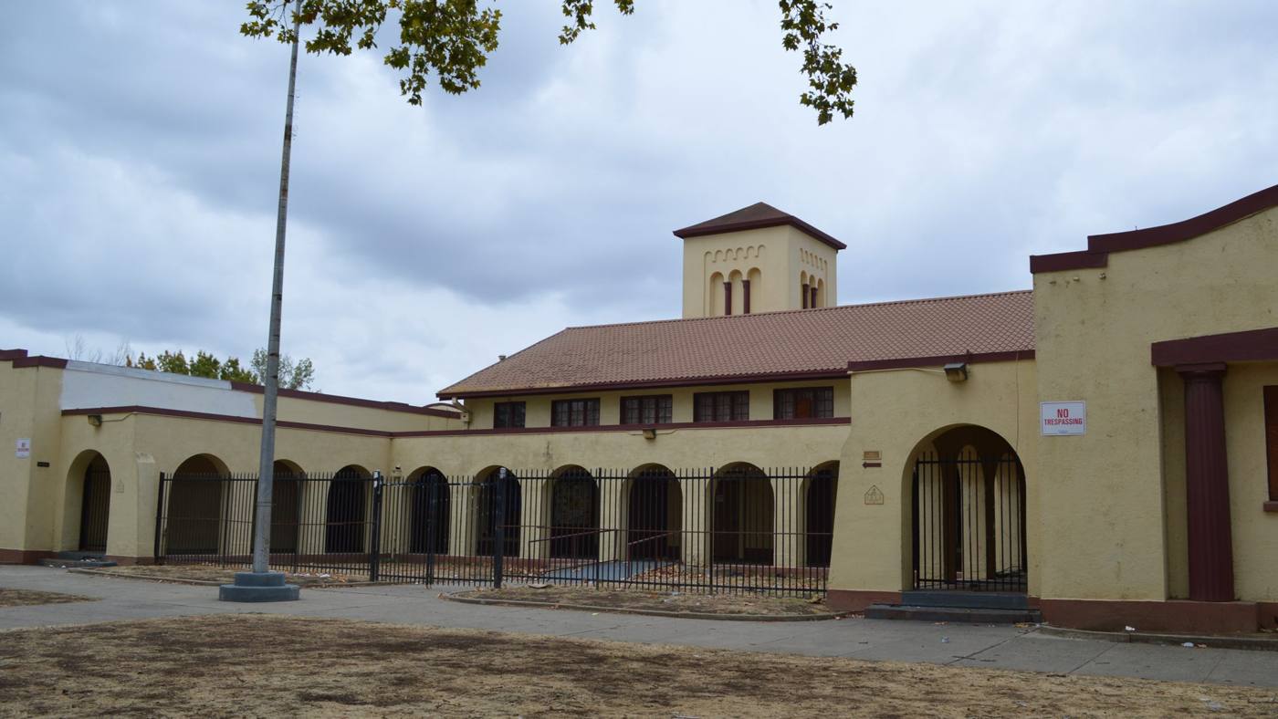 The front arcade and tower of the Old North Sacramento School